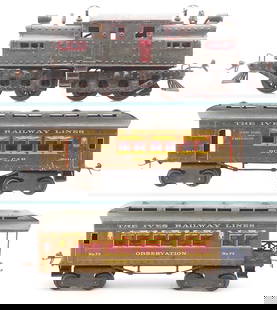 IVES TRAIN SET: 1 ga, 3239 electric loco, gray painted cast iron, w/1 motor that spins, missing handrails & 1 door knob, overall heavy oxidation, 71 buffet car, 73 obsv, cars are brown, red & gold, 2-tone gray roofs,