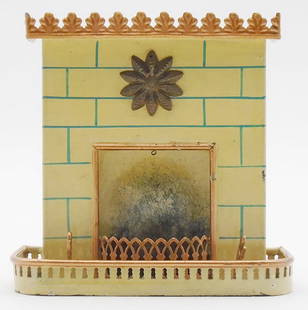 MARKLIN DOLLHOUSE FIREPLACE: handpainted tin, shop label on back, 4 1/2 X 4 1/2 X 2 in, C8.