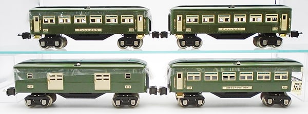 MTH LIONEL MT 1024 CAR SET: 0 ga, contains 615 baggage, 612 & 613 Pullmans, 614 obsv, cars are 2-tone green w/yellow trim, orig boxes & inserts minor wear, C8.