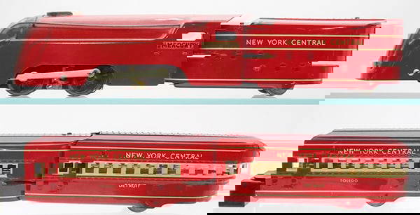 MARX 1753W RED MERCURY SET: 0 ga, litho tin, 635 Red Mercury loco, 971 tender, 657 Toledo coach, 658 Detroit obsv, w/track, orig set box & dividers, top worn & taped, C7-8.