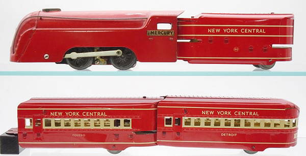 MARX 1753W RED MERCURY SET: 0 ga, litho tin, 635 Red Mercury loco, 971 tender, 657 Toledo coach, 658 Detroit obsv, w/track, orig set box & dividers, top worn & taped, C7-8.