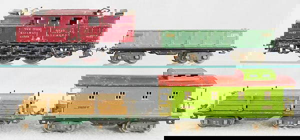 IVES & LIONEL TRAIN SET: std ga, Ives 3242 loco, red, nickel trim, Lionel 511 lumber, 512 gondola, 517 caboose, C5-6.