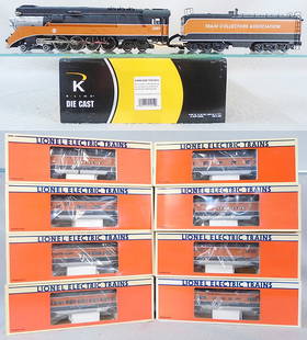 K-LINE & LIONEL TCA TRAIN SET: 0 ga, K-Line K3685-2000 TCA GS-4 loco & tender, w/RailSounds & TMCC, w/8 Lionel passenger cars 52143, 52106, 52106, 52085, 52220, 52155, 52085, 52062, orig boxes & inserts minor wear, C8-9.