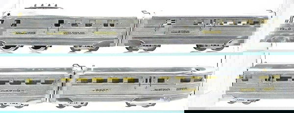 AMERICAN FLYER BURLINGTON ZEPHYR SET: 0 ga, die cast, 9910 power car, rewheeled, 9911 baggage, 9913 coach, 9912 obsv, minor decal wear, C8.