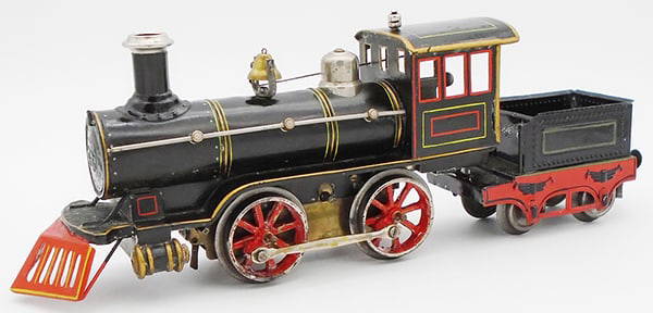 MARKLIN 1021 LOCO & TENDER: 1 ga, handpainted tin, 0-4-0 American market, w/cowcatcher loco, windup not working, 4-wheel tender, loco & tender have been shellacked, C8.