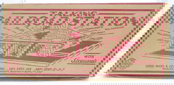 MARX 4418 TALKING RR STATION: litho tin, unassembled, record player working, w/figures in bag, orig box & insert minor wear, C8.
