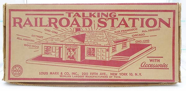 MARX 4418 TALKING RR STATION: litho tin, unassembled, record player working, w/figures in bag, orig box & insert minor wear, C8.