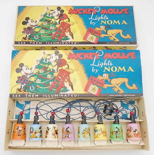 MICKEY MOUSE NOMA LIGHTS: set 105 w/8 lights, minor decal wear, not tested, early Disney collectible, marked Walt Disney Enterprises, orig box & insert minor wear, C8.