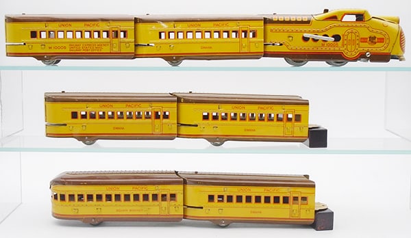 MARX 1773W M10005 TRAIN SET: 0 ga, litho tin, M10005 loco, windup working, 757 mail car, 4 #757 Omaha coaches, 758 Squaw Bonnet obsv, w/track & crossing, orig set box & inserts rough, C6.