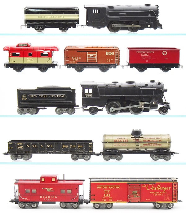 2 MARX TRAIN SETS: 0 ga, Set 5942 NYC, 591 loco, 551 tender, 738701 hopper, 90171 box car, 20102 caboose, missing track & transformer, orig set box worn, Set 7355 NYC, 999 die cast loco, 951 tender, 256 tank, 71499 gond