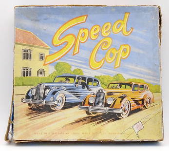 MARX 434 SPEED COP SET: litho tin, 2 autos, each 3 3/4 in long, windups working, red car is worn, w/8 curves & 2 straights, instructions on box top reverse, made in England by Marx, orig box worn, C5-6.