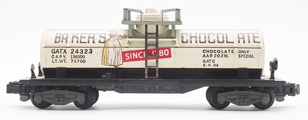 AMERICAN FLYER 24323 BAKERS CHOCOLATE TANK: S ga, w/split tank chassis, tank car ends have vertical seam, C7-8.