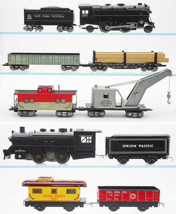 2 MARX TRAIN SETS: 0 ga, Set 25336 NYC, 999 die cast loco, 951 tender, 2700 lumber car, 254000 gondola, 3550 crane, 2 plastic signals, track & transformer, orig box missing dividers, minor wear, Set 2508, 401 plastic lo
