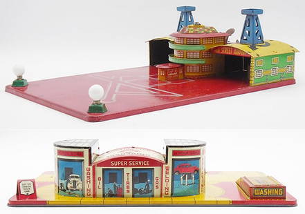 2 MARX PLATFORM TOYS: Universal Repair Machine Shop, City Airport, missing rotating light cap, both are litho tin, 17 X 11 in, no accessories, C6-7.