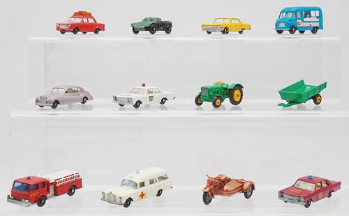 12 MATCHBOX VEHICLES: 3C2, 29C2, 20C6, 47B6, 44B2, 55C2, 59C3, 56B3, 51B2, missing barrels, 66B1, 61A1, C6-8.