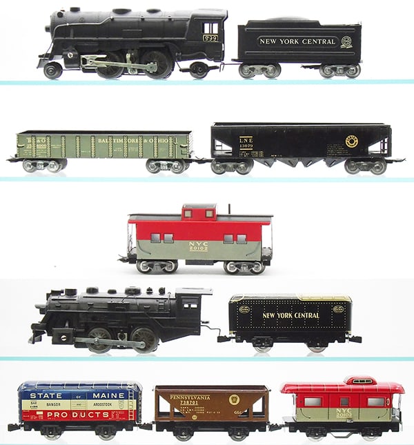 2 MARX TRAIN SETS: 0 ga, Set 25249 NYC, 999 die cast loco, 951 tender, 2 #254000, 1 not shown in photo, 13079 hopper, 20102 caboose, w/track & transformer, Set 4222 NYC, 400 plastic loco, w/puffer bulb smoke, 551 tender