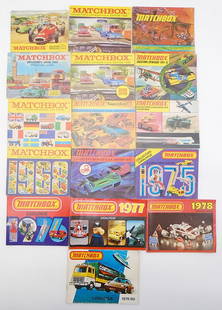 23 MATCHBOX CATALOGS: 1965 US, 1966 US, 1967 US, 1968 US, 1968 Intl, 1969 US, 1969 US 2nd edition, 1970 US, 1971 US, 1972 US, 1973 Intl, 1974 US, 3 1975, 2 1976, 2 1977, 4 1978, 2 1979/80, minor wear, C6-8.
