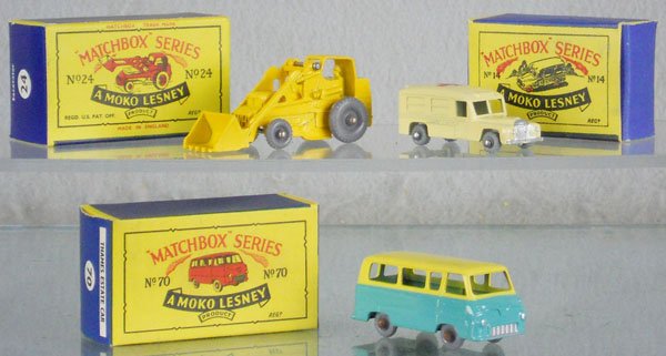 3 MATCHBOX MOKOS: 24B1, 14A1, 70A1, light oxidation spots on axles, orig boxes, 1 has minor wear, C9.