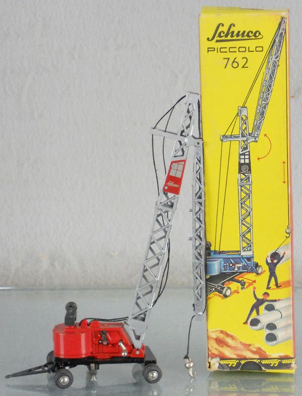 SCHUCO 762 SLEWING CRANE PICCOLO: w/trailer wheel, orig issue, orig box minor wear, C8-9.
