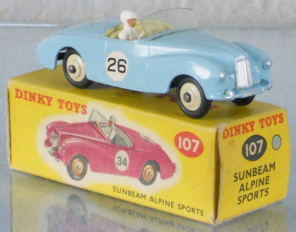DINKY 107 SUNBEAM ALPINE SPORTS: 3 tires flat, orig box minor wear, C7-8.