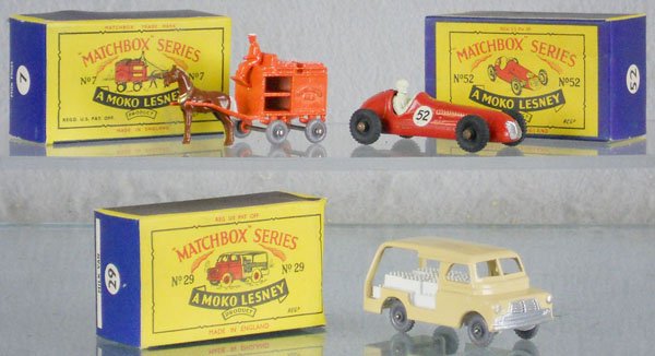 3 MATCHBOX MOKOS: 7A3, w/white bottles, 52A2, 29A2, light oxidation spots on axles, orig boxes, C9.