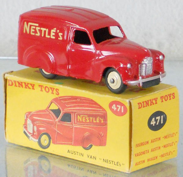 DINKY 471 AUSTIN NESTLE'S WAGON: 1 tire flat, orig box some wear, C9.
