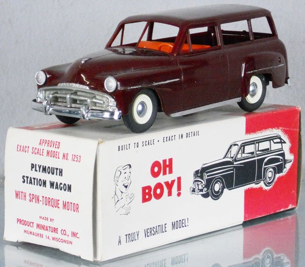 PMC 1253 PLYMOUTH CONCORD WAGON PROMO: plastic, die cast trim, maroon, friction workiing, paint wear to side fender stripes, orig box minor wear, C8.