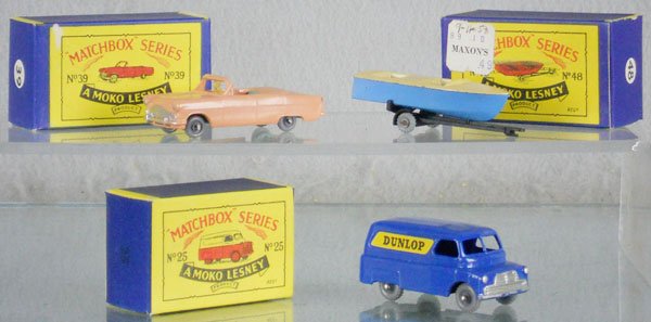 3 MATCHBOX MOKOS: 39A3, 48A1, 25A2, 2 have light oxidation spots on axles, orig boxes minor wear, C9.