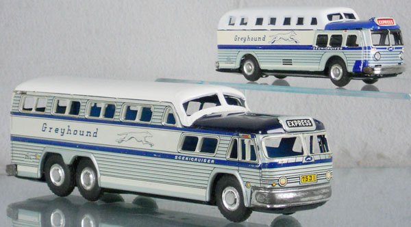 2 GREYHOUND BUSES: litho tin, friction working, SSS Bus is 6 1/4" long, Stone Bus is 11" long, C7-8.
