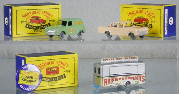 3 MATCHBOX MOKOS & PIN: 59A1, 22B1, 74A6, axles have light oxidation spots, orig boxes, 1 has minor wear, w/Pin featuring picture of Moko #1, C9.