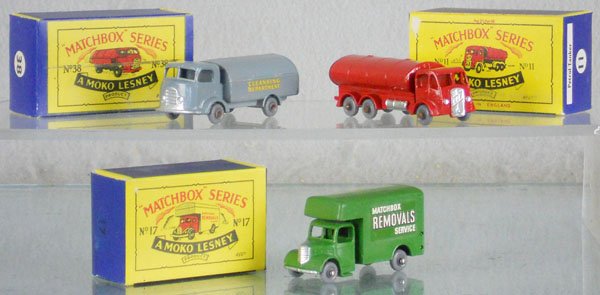 3 MATCHBOX MOKOS: 38A3, 11B3, 17B4, axles have light oxidation spots, orig boxes, C9.