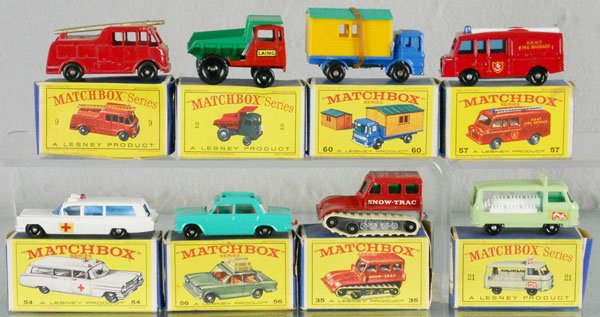8 MATCHBOX VEHICLES: 9C3, 60B1, 57C2, 54B1, 56B1, missing luggage, 35B1, 21C8, 3 have light oxidation spots on axles, orig boxes minor wear, 1 missing an end flap, C9.