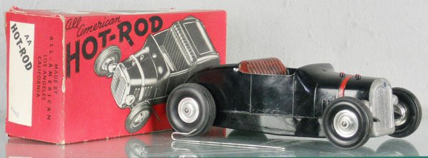 ALL AMERICAN HOT ROD: die cast, 8 1/2" long, w/tether bar, orig box minor wear, C8.