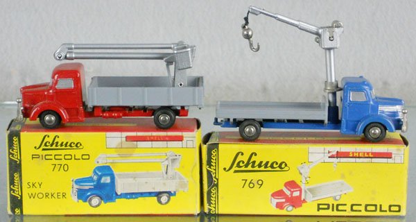 SCHUCO 770 & 769 PICCOLOS: die cast, Sky Worker & Crane Truck, orig issues, orig boxes minor wear, C8-9.