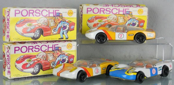 3 SIXO PORSCHE 908 RACERS: Argentina, litho tin, 7 1/4" long, orig boxes minor wear, C7-8.