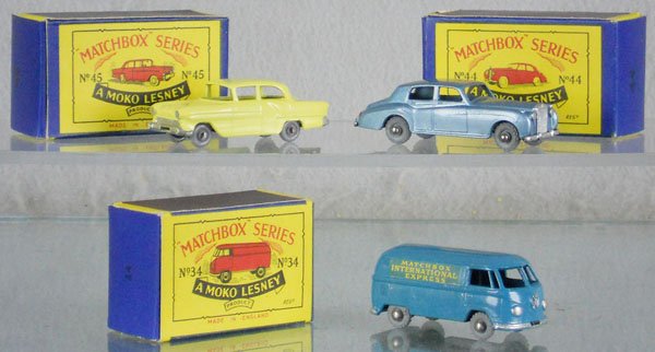 3 MATCHBOX MOKOS: 45A3, 44A1, 34A1, axles have light oxidation spots, orig boxes, 1 has minor wear, C9.