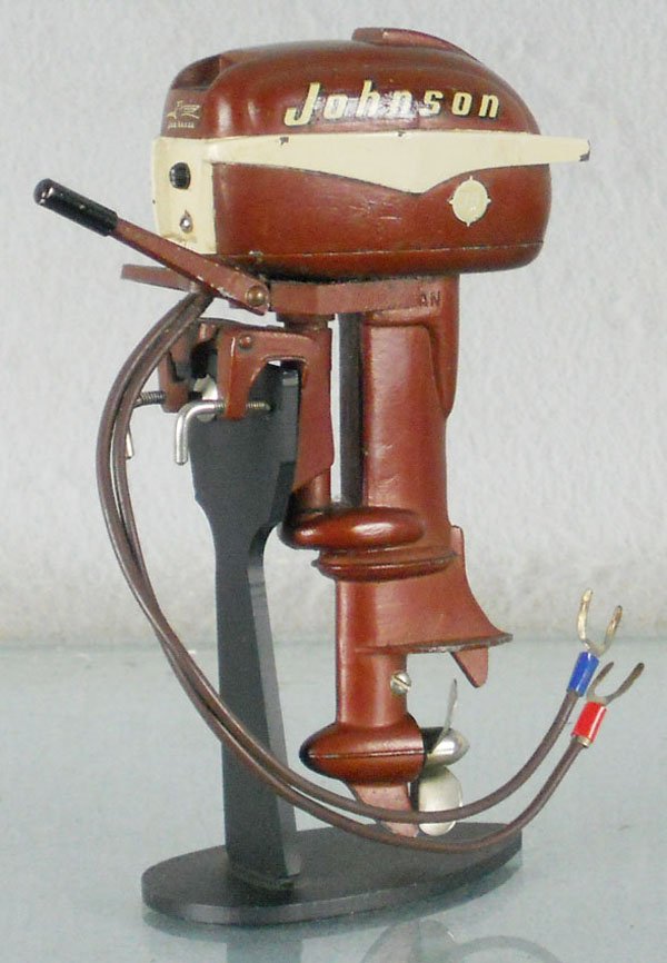 K&O JOHNSON 30HP OUTBOARD MOTOR: die cast, battery operated, not tested, 5 1/2" tall, missing 1 mounting cup, stand not included, C7.