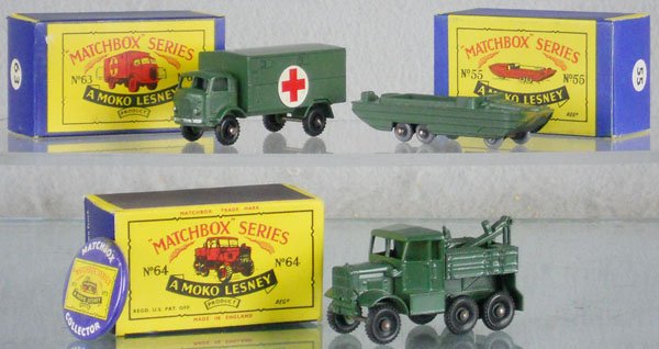 3 MATCHBOX MOKOS W/PIN: 63A1, 55A2, 64A1, light oxidation spots on axles & 1 chassis, w/pin featuring a #1, oxidation spot on pin, C8-9.