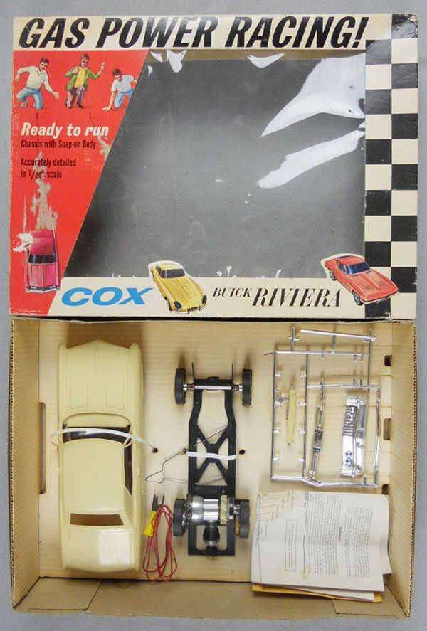 COX BUICK RIVIERA: plastic body, gas motor, partially assembled, tied down in orig box, box has minor wear, C6-7.