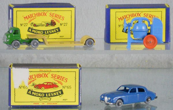 3 MATCHBOX MOKOS: 27B3, 3A1, 65A1, 2 axles have light oxidation spots, orig boxes, 1 has minor wear, C9.