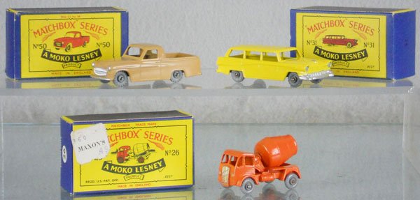 3 MATCHBOX MOKOS: 50A1, 31A1, 26A3, 2 have light oxidation spots on axles, orig boxes, C9.
