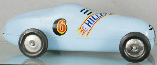 HILLER COMET TETHER CAR: handpainted tin, no motor, some wear from use, 18" long, C5-6.