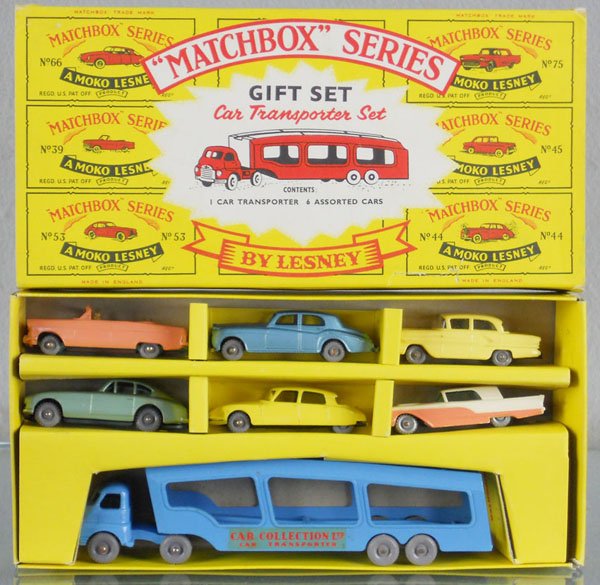 MATCHBOX CAR TRANSPORTER GIFT SET G2: contains 66A1, 75A3, 39A3, 45A5, 53A2, 44A2 & A2A2, all have light oxidation spots on axles, orig box minor wear, C9.