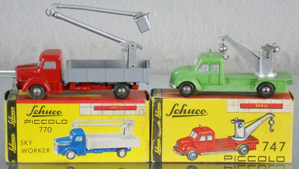 SCHUCO 770 & 747 PICCOLOS: die cast, Sky Worker & Wrecker, orig issues, orig boxes minor wear, C8-9.