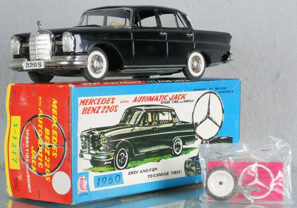 SSS MERCEDES BENZ 220S: litho tin, friction working, 12" long, jack system working, spare & wrench sealed in packet, orig box, C9.