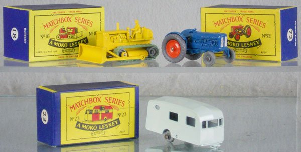 3 MATCHBOX MOKOS: 18C1, 72A1, 23A1, 2 have light oxidation spots on axles, orig boxes, C9.