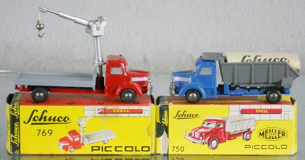 SCHUCO 769 & 750 PICCOLOS: die cast, Crane Truck & Dump Truck, orig issues, orig boxes minor wear, C8-9.