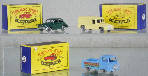 3 MATCHBOX MOKOS: 46A2, 14B1, 60A3, axles have light oxidation spots, orig boxes, 1 has minor wear, C9.