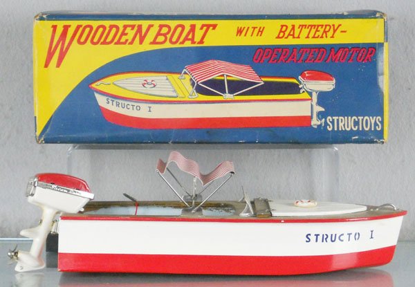 STRUCTOYS WOODEN BOAT: Japan, wood w/tin motor, battery operated, not tested, 13 1/2" long, orig box minor wear, C8.