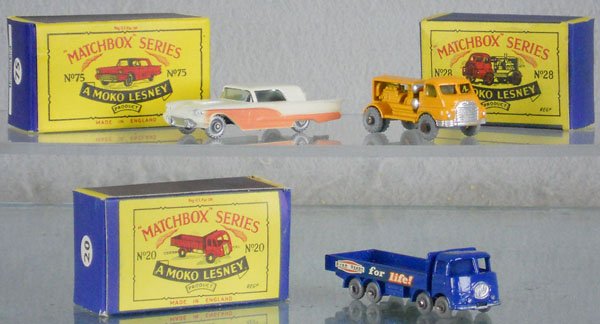 3 MATCHBOX MOKOS: 75A2, 28A1, 20B1, light oxidation spots on axles, orig boxes, 1 has minor wear, C9.